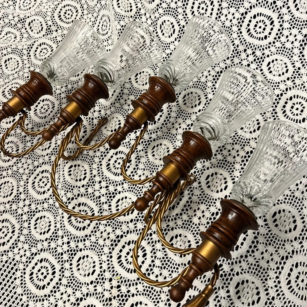 Vintage Mid-Century Five Arm Decorative Wood Brass Glass Candleabra | Cottage